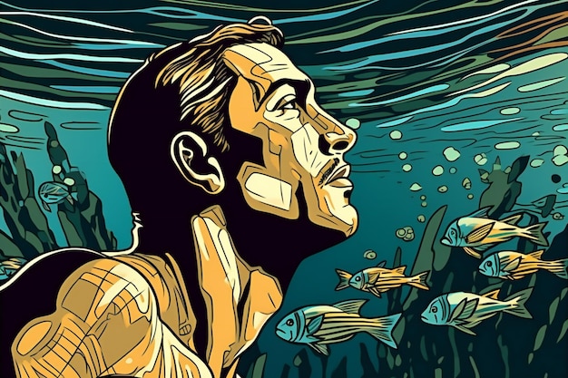 Illustration of a man swimming in the sea with many fish