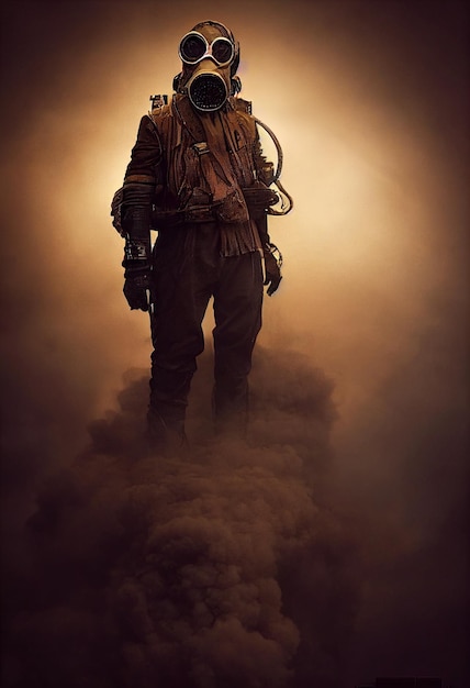 Illustration of man wearing elaborate gas mask post apocalyptic cinematic AI Generated Art