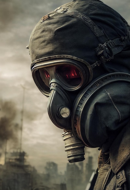 Illustration of man wearing elaborate gas mask post apocalyptic cinematic AI Generated Art