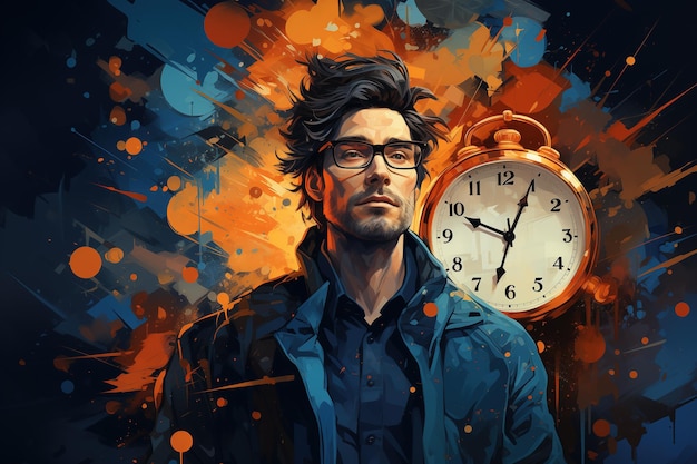 Illustration of a man wearing glasses and with a clock in the background