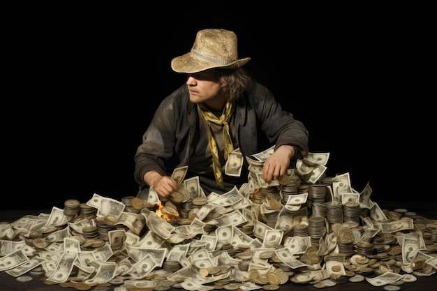 Illustration of a man wearing a hat sitting in front of many dollars On a dark background