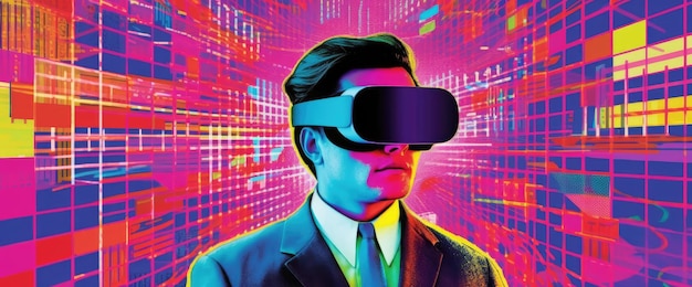 An illustration of a man wearing a virtual reality goggles.