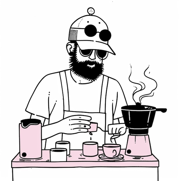 Photo illustration of a man with a beard and a hat is making coffee generative ai