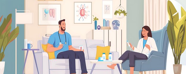 Photo illustration of a man and a woman sitting on a couch in a living room