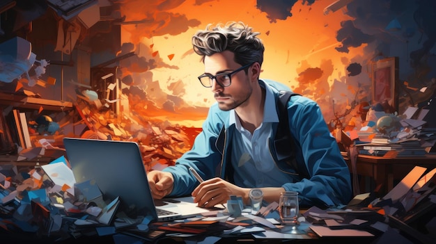 Illustration of a man working on the laptop Generative ai