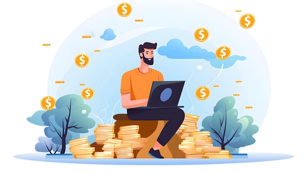 Illustration of a man working on laptop making money online