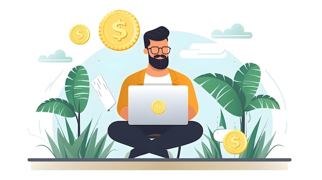 Illustration of a man working on laptop making money online