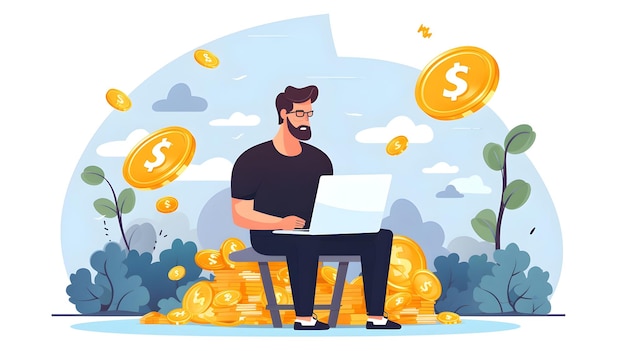 Illustration of a man working on laptop making money online