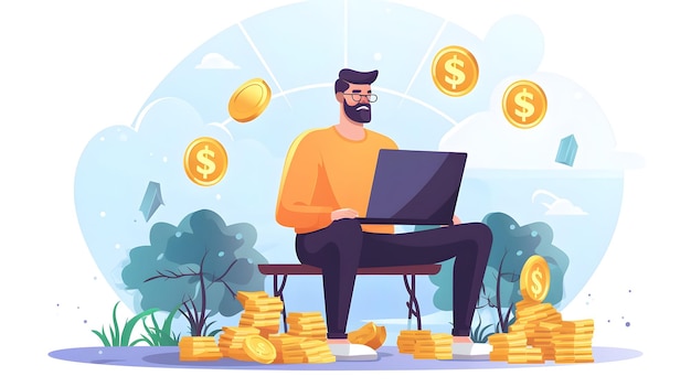 Illustration of a man working on laptop making money online