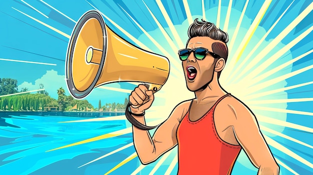 Illustration of Man Yelling Sales Promotions Through a Megaphone on abstract blue background