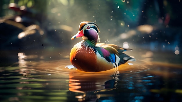 Illustration mandarin duck entering a lake Generative AI