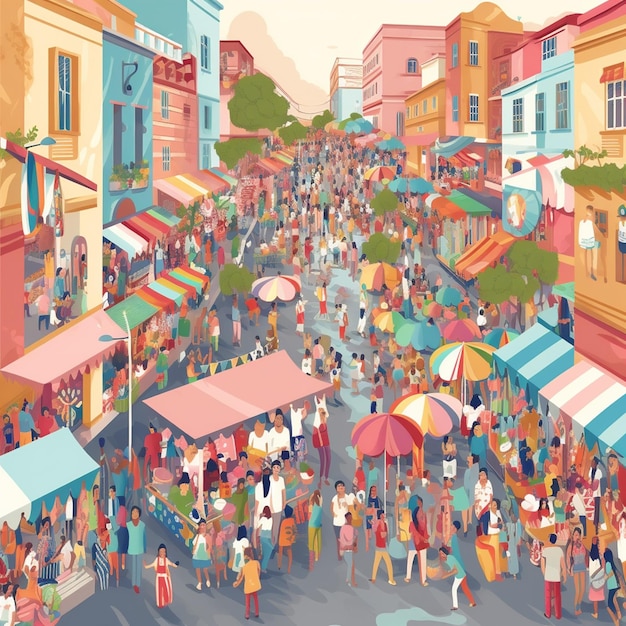 An illustration of a market with people walking around and a large crowd of people on the ground.