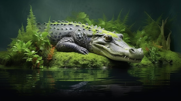 Illustration of a massive alligator resting on a vibrant green field