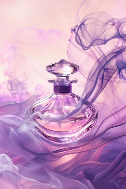 Illustration and matte painting a luxury glass or crystal perfume bottle with ethereal smoke waves