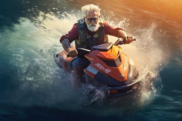 Illustration of mature senior male on jet ski