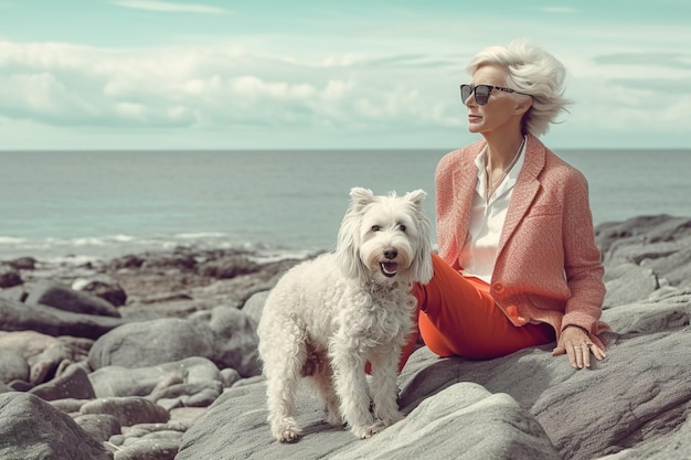 Illustration of mature senior woman with dog on the beach