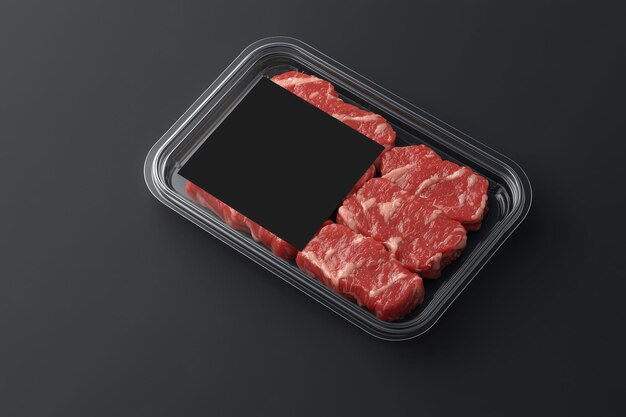 Photo an illustration of a meat food tray with a blank label on a sheet of paper