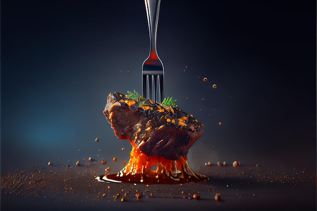 Illustration of meat on fork with spices and smoke AI