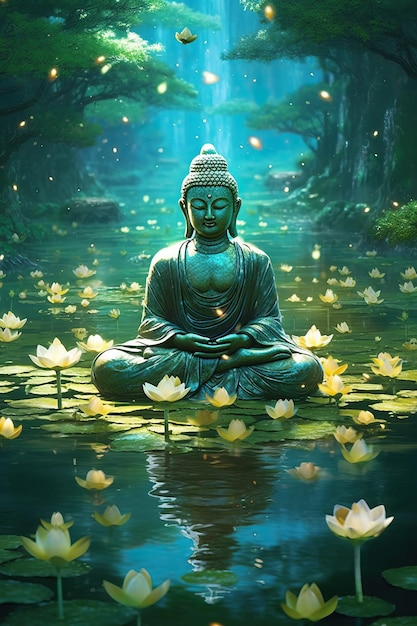 Illustration of meditating gold buddha statue in lotus pose in green garden