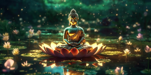 Illustration of meditating gold buddha statue in lotus pose in green garden