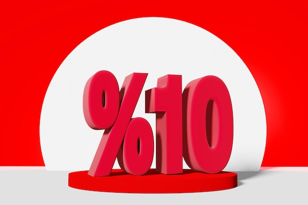 Illustration of mega sale with 10 percent off in red color 3D illustration with red background and copy space