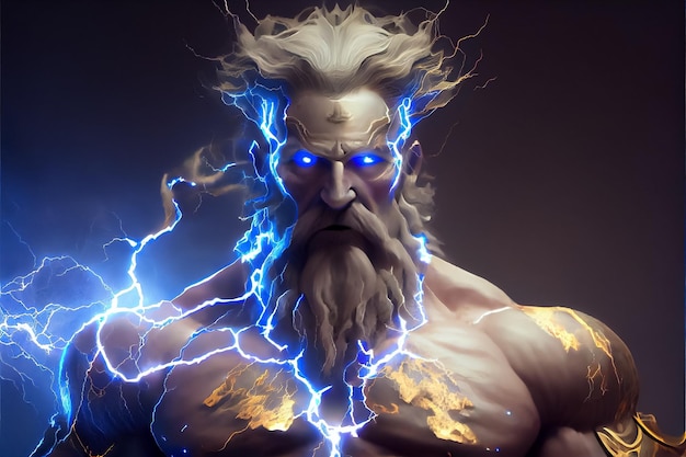 Illustration of mighty god Zeus with thunder in hand ai