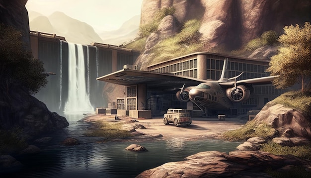 Illustration of a military base beside a waterfall