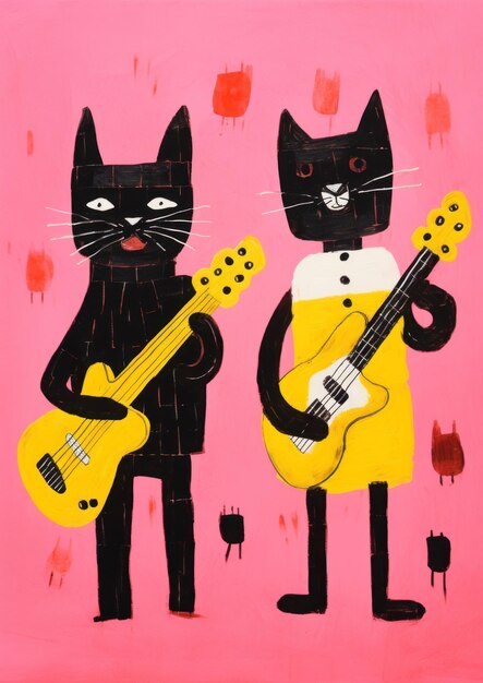 Photo illustration minimal of 2 dogs 1 cat playing guitar art painting mammal