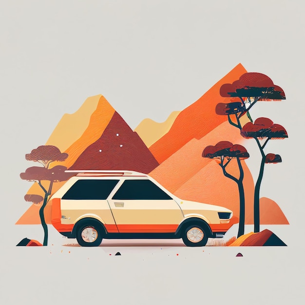 Illustration of minimalist sport car on landscape background Created with Generative AI technology