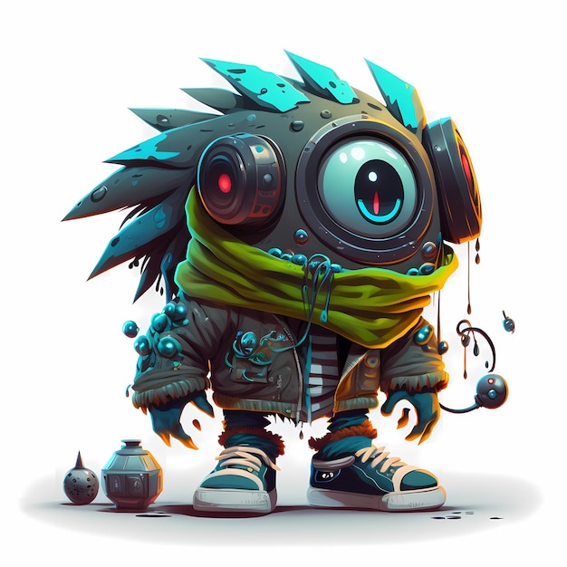 Illustration Of a a mix between cyberpunk and steampunk Monster 3D design with half robot body parts