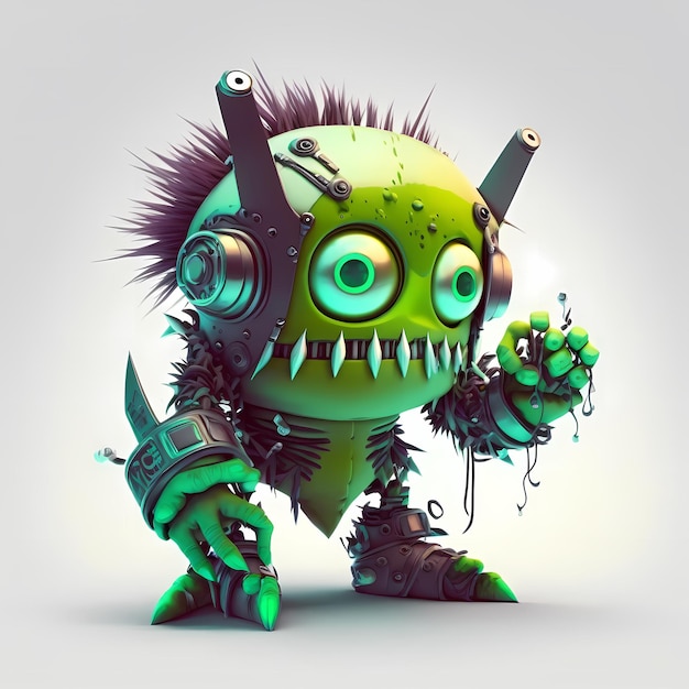 Illustration Of a a mix between cyberpunk and steampunk Monster 3D design with half robot body parts