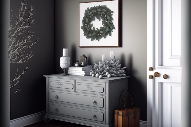 Illustration mockup of a gray home with a dresser and decorations