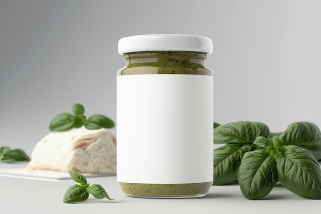 Illustration of a mockup jar of basil pesto Generation AI