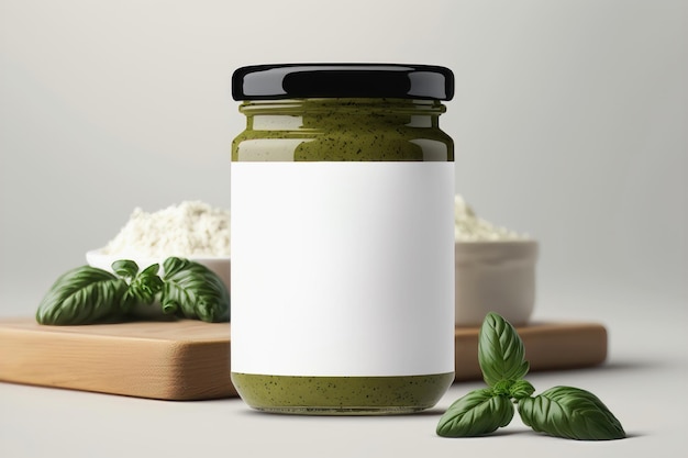 Illustration of a mockup jar of basil pesto Generation AI