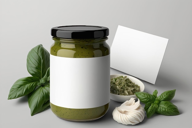 Illustration of a mockup jar of basil pesto Generation AI