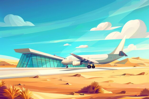 Photo illustration of a modern airport terminal in a desert setting with an airplane on the runway under a bright sky