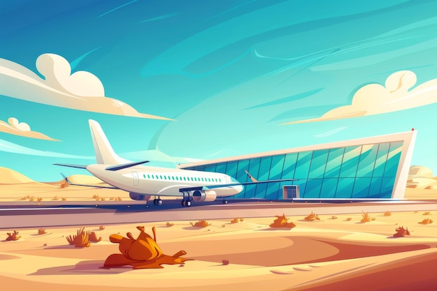 Illustration of a modern airport terminal in a desert setting with an airplane on the runway under a bright sky