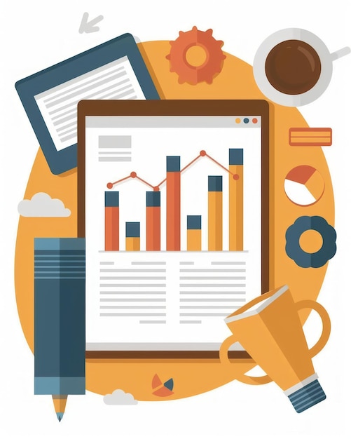 Illustration of Modern Business Analytics with Charts and Data Presented on Tablet with Office