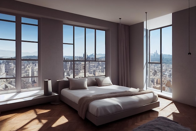 Illustration modern design interior bed with panoramic windows and city view