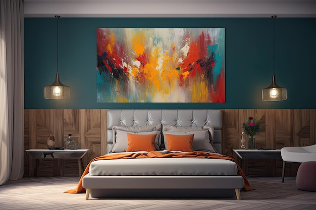 Illustration of a modern guest bedroom concept for use in interiors An example of a guest bedroom that includes furniture art and interior design included adorning and outfitting the space