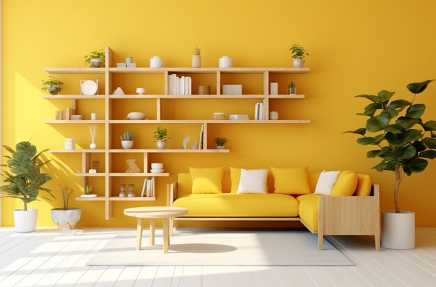 illustration of Modern interior design The reading room is decorated in yellow in a bright style