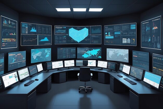 Illustration of a modern security system control room with multiple displays and monitoring room