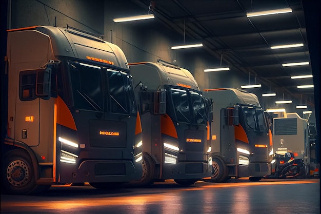 Illustration of modern trucks in garage with lights on AI