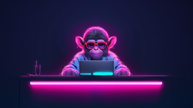 Illustration of a monkey wearing glasses working on a laptop