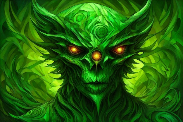 Illustration of a monster with green eyes and green hair Fantasy