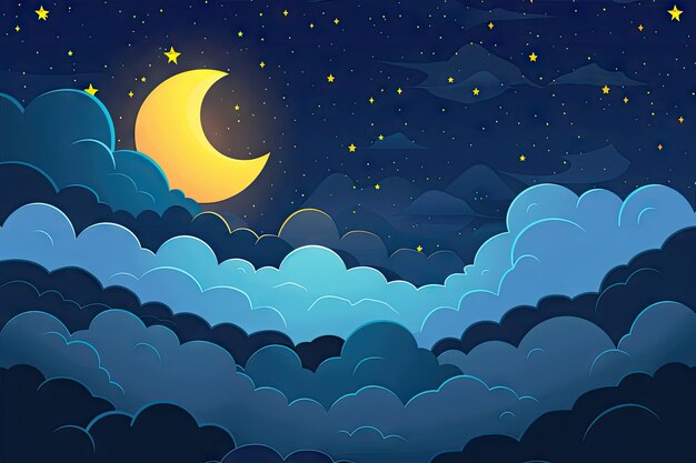 illustration of a moon and clouds with a crescent moon in the background