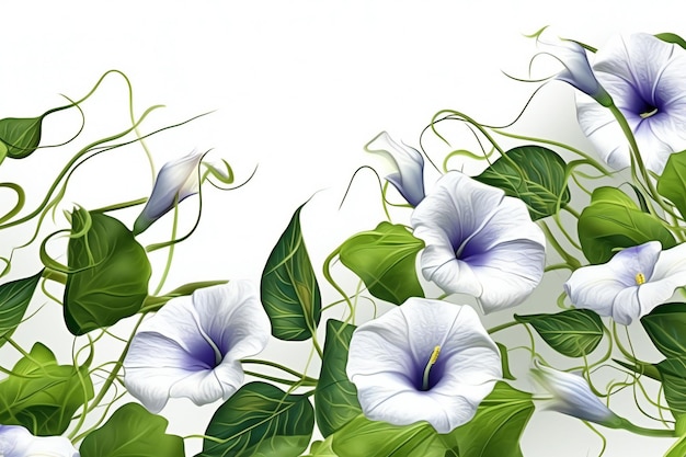 Illustration of morning glory flowers with green leaves on a white background