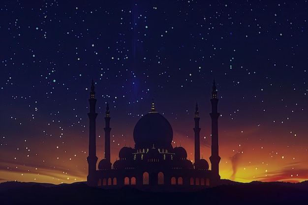 illustration a mosque at night in silhouette surrounded surrounded by twinkling stars