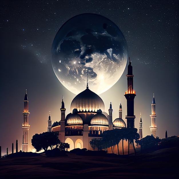 An illustration of a mosque at night with a moon