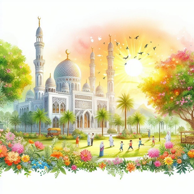 illustration of a mosque in a park